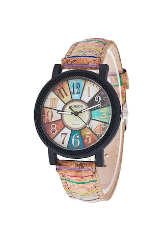 Vintage Çizgili Deri Saat Çiçek Desenli Ahşap Desenli Kadın Kuvars Saat Toptan Satış Diğer