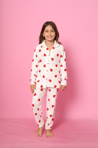 Beka Kids Desenli Uzun Kollu Önden Düğmeli Gömlek Yaka Kız Çocuk Pijama Takımı Beyaz