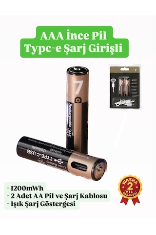 İnce Pil Aaa Pil Usb Type-c Kablo İle Şarj Edilebilir Lityum 2'li İnce Pil 1.5v Aaa / 1200mwh