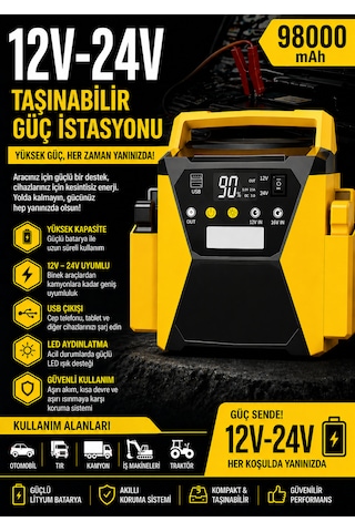 Merwishakü Takviye Cihazı 98000mah 12v 24v Taşınabilir Güç İstasyonu Powerbank Led Işıklı
