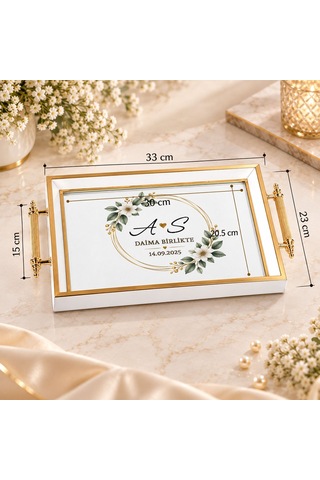 Bk Gift Kişiye Özel Beyaz&gold Söz Nişan Tepsisi-7 - 39x23 Cm Çok Renkli