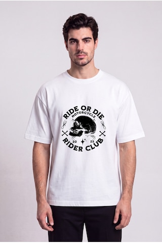 Black Nova Oversize Baskılı Unisex %100 Pamuk T-shirt Ride Or Die Beyaz