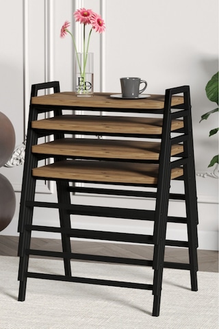 Zigon Sehpa , Aden 4'lü Tepsi Zigon Sehpa Takımı Siyah Metal - Atlantik Çam Tabla Siyah-atlantik Çam