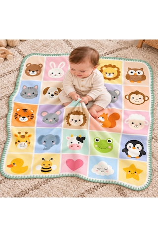 Renkli Kare Hayvanat Bahçesi Serisi Çoban Dikişli %100 Polar Bebek Battaniyesi 80x100 CM Oeko-tex Çok renkli
