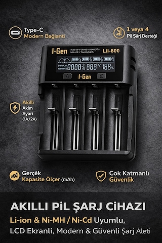 I-gen Lii-800 Akıllı Li-ıon Pil Şarj Cihazı, Type-c Girişli, Lcd Ekranlı, 4 Slot Şarj, Li-ıon & Ni-mh Uyumlu 18650 / 21700 / Aa / Aaa