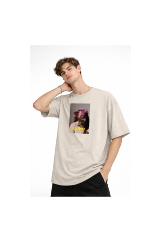 Misa Tahtakale Blurry - Oversize Erkek Tişört Bej Çok Renkli