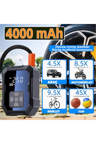 H-9293 Akıllı 4000mah Şarjlı Hava Pompası Kompresörü 150psi Araç Lastik, Bisiklet, Top Şişirme Oto Hava Kompresörü Digital