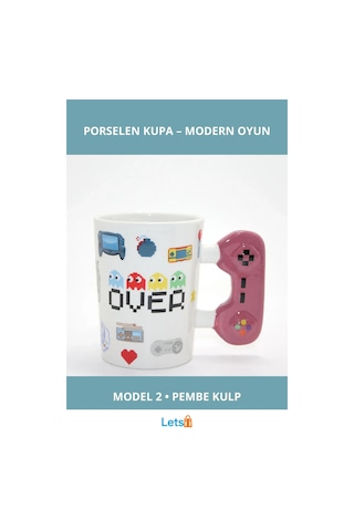 Oyun Temalı Pembe Kulp Porselen Kupa Bardak Çok Renkli