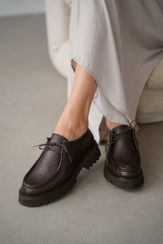 Orsel Hakiki Deri Bağcıklı Kadın Loafer- Kahverengi