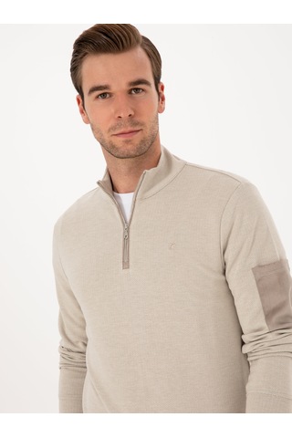 Bej Regular Fit Yarım Fermuarlı Sweatshirt