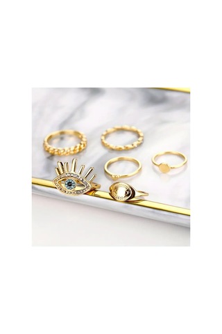 Zelura - 6 Adet Kristal Taşlı Nazar Şeytan Gözlü Tasarım Vintage Çoklu Gold Altın Yüzük Seti