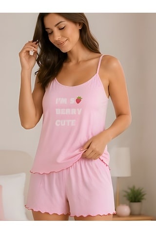 Kadın Pamuklu Rahat Kalıp Desenli Pijama Takım Pembe