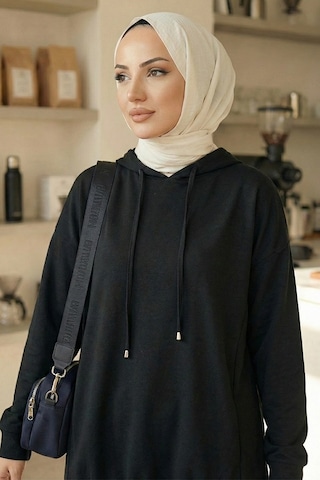 Bestenur Kapüşonlu Tunik Pantolon Takım 1682 - Siyah Siyah