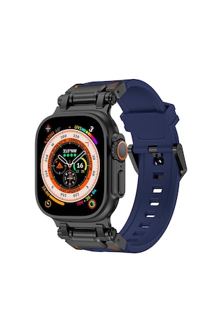 Mobilteam Watch Ultra 49mm Uyumlu Clo- Krd-101 Titanyum Metal Başlıklı Silikon Kordon-siyah-mavi