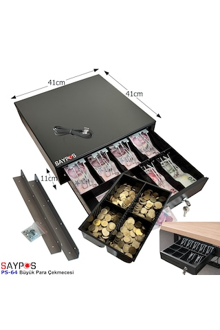 6 Banknot Gözlü Masa Altı Montaj Askılı, Pos Bağlantılı, Anahtardan Açılır Para Çekmecesi 41x41x11cm
