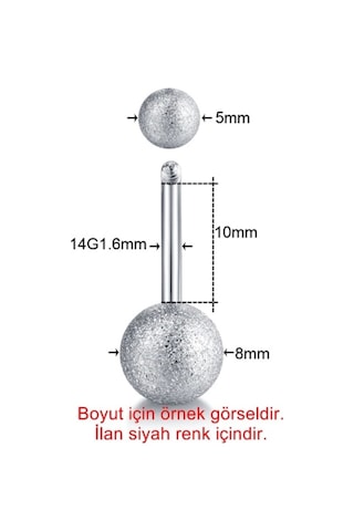 Siyah Renk 8Mm Top Uçlu Paslanmaz Çelik Göbek Piercing P455B Siyah