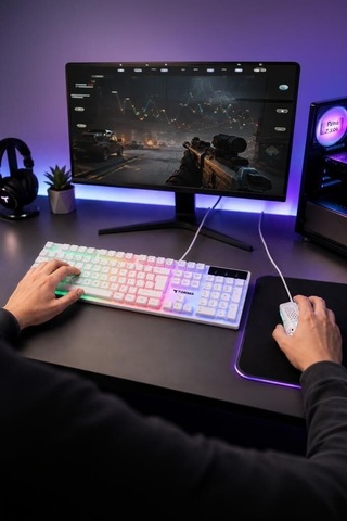 Özel Seri Tuşlu Takım Yazı Aracı Oyuncu Rgb Işıklı Kablolu Q Klavye Ve Mouse Seti Tmk03 Beyaz
