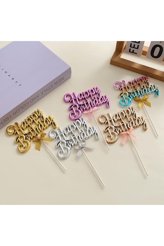Fuşya Renk Happy Birthday Yazılı Pasta Süsü Tüm Yaşlar
