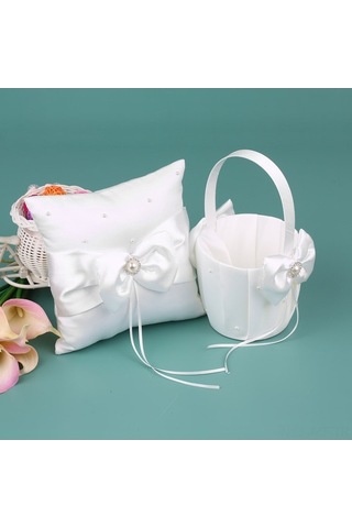 Novahub 7 İnç Beyaz Saten Rhinestone Süslemeli Yüzük Taşıyıcı Ve Düğün Çiçek Kız Sepeti Seti Diğer