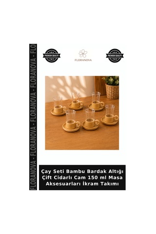 Çay Seti Bambu Bardak Altığı Çift Cidarlı Cam 150 Ml Masa Aksesuarları İkram Takımı Şeffaf