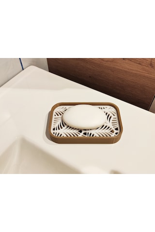 Dekoratif Plastik Banyo Sabunluğu Tezgah Üstü Kullanıma Uygun, Modern Tasarımlı Sabunluk Kabı Beyaz - Bronz