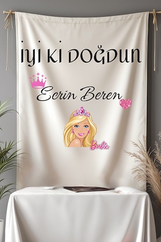 Barbie Temalı Doğum Günü İsme Özel Flama Afiş Duvar Halısı Büyük Boy