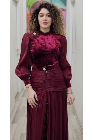 Çiçek Detaylı Çıkarılabilir Etekli Kadife Abiye 2752-bordo Bordo