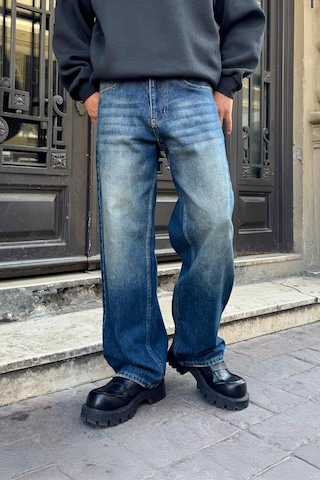 Flaw Yıkamalı Çizgili Baggy Jean Mavi Mavi
