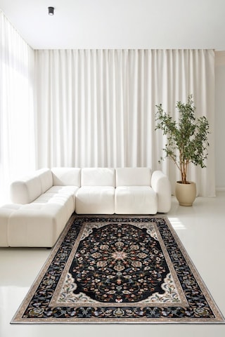 Zeminde Bir Saray Medalyonlu Ve Çiçekli Halı Tasarımı - Kaymaz Taban Siyah - Bej