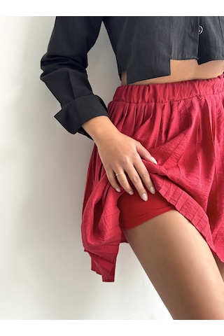 Kadın Modal Dokulu Piliseli Şortlu Mini Etek Kırmızı