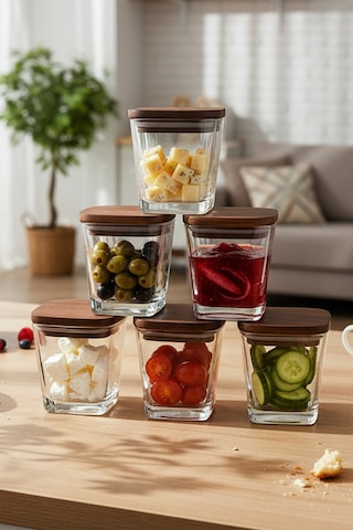 Prime - 6'lı Ahşap Vakumlu Kapaklı Cam Kahvaltılık Çok Amaçlı Cam Çerezlik 300 ml