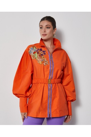 Serpil Exclusive Şık Kadın Mont- İşlemeli - Kemer Detaylı - Modern Tasarım - Günlük Kullanım İçin Mont Orange Turuncu