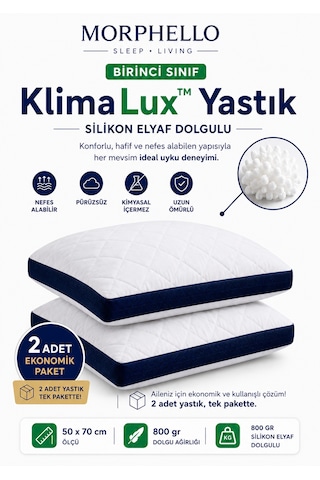 Morphello Klimalux Birinci Sınıf Klimalı Yastık 50x70 Cm 800 Gr Silikon Elyaf Dolgulu Nefes Alan Yan Spacer Makinede Yıkanabilir 2 Adet Beyaz-lacivert Spacer