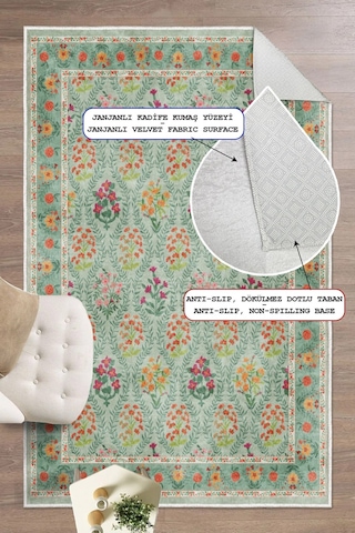 Modern Floral Desen Baskılı Kaymaz Yıkanabilir Salon Oturma Odası Mutfak Balkon Halısı Yolluk Yeşil