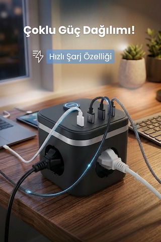 Yeni 3680w Pro Power 2xtype-c Ve 2x Usb Girişli Anahtarlı 3lü Çoğaltıcı Küp 2mt Kablolu Akım Korumalı Priz 2