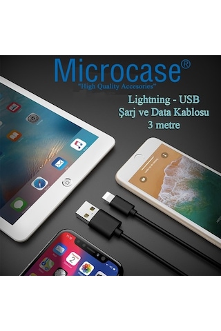 Microcase Apple Uyumlu iPhone iPad Lightning Usb Şarj Ve Data Kablosu 3 Metre Siyah