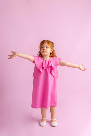 Oliventhekid Volanlı Poplin Kolsuz Ensesi Düğmeli Kız Çocuk Elbise Pembe Pembe