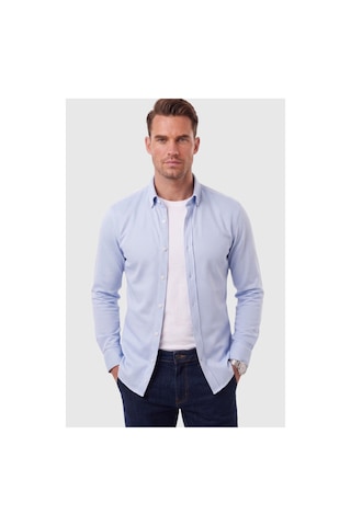Deepsea Erkek %97 Pamuk Slim Fit Dar Kesim Petek Dokulu Likralı Örme Mavi Gömlek 2600707