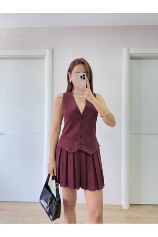 Etiler Collection Takım Görünümlu Yelekli Mini Elbise- Bordo