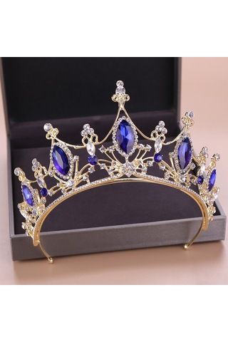 Barok Taç Mavi Kristal Gelin Tiaras Taç Vintage Altın Saç Aksesuarları Düğün Rhinestone Diadem Pageant Taç Çok Renkli