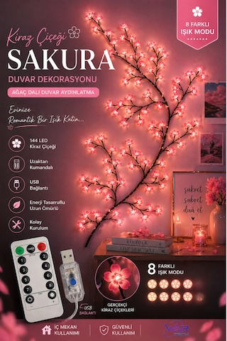 Kiraz Çiçeği Sakura Led Duvar Dekoru 144 Led Ağaç Dalı Işık, 8 Mod, Kumandalı Pembe
