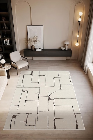 Look Black Lb004w Krem Halı Siyah Dekoratif Çizgili Modern Desen Akrilik Yumuşak Tozuaz Salon Halısı-894 Krem