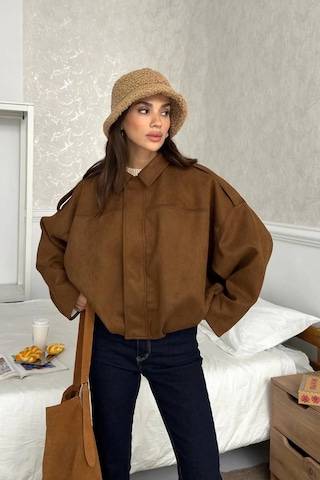 Cemo Basic Crop Gömlek Ceket Shacket Camel Basic, Crop, Gömlek Kahve