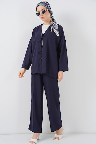 Bigdart Kadın Keten Kimono İkili Takım 6727 - Lacivert