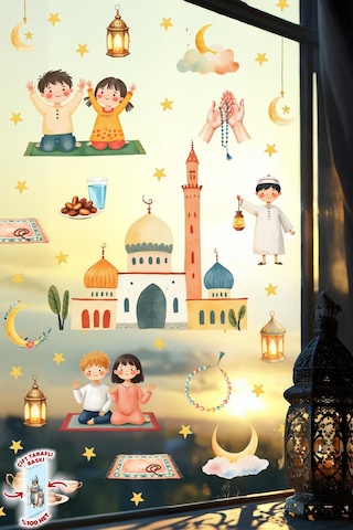 Çift Taraflı Ramazan Ayı Cam Sticker Seti Çocuklar İçin Eğitici Ramazan Pencere Süsü Ve 74 Parça Dijital Baskı