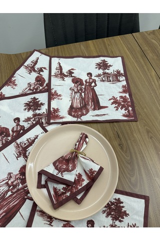 Toile De Jouy Paris Amerikan Servis 6 Lı Set 30x30 Cm %100 Pamuk Dijital Baskılı Klasik Fransız Tarzı Masa Dekoru - Zt720 Kırmızı