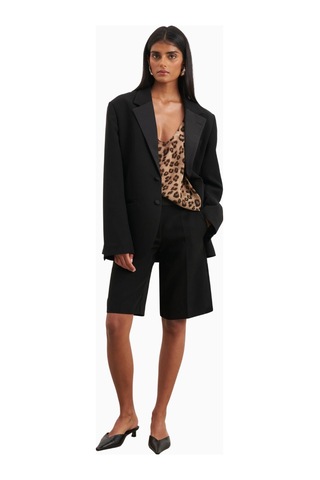 Because Of Alice Satin Detail Single Breasted Blazer Oversize Tek Düğmeli Kadın Ceket Siyah