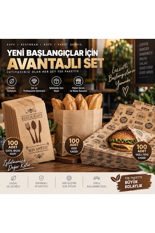 Avantajlı Kafe Restoran Sarf Malzeme Seti Kese Kağıdı, Yağlı Tepsi Kağıdı, Çatal Bıçak Kılıfı 300 Parça