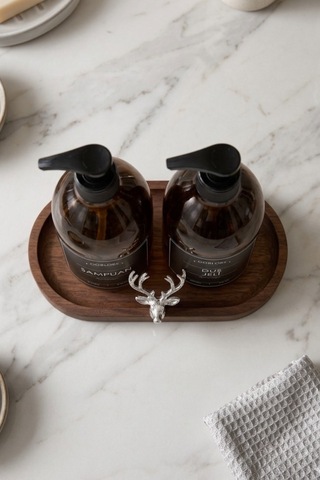 Amber Şişe Sabunluk Cam İkili Şampuan-duş Jeli Banyo Düzenleyici Klasik Gümüş Geyik Ahşap Standlı 500ml