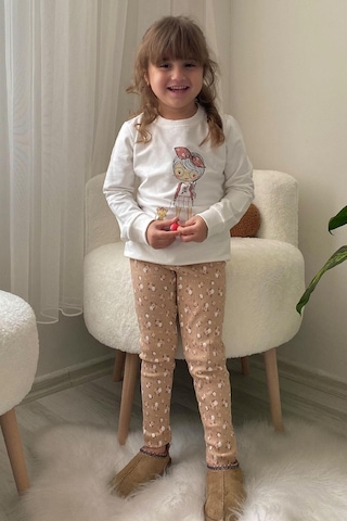 Breeze Kız Çocuk Taytlı Takım Sevimli Kız Baskılı Çiçekli 2-6 Yaş, Ekru Ekru